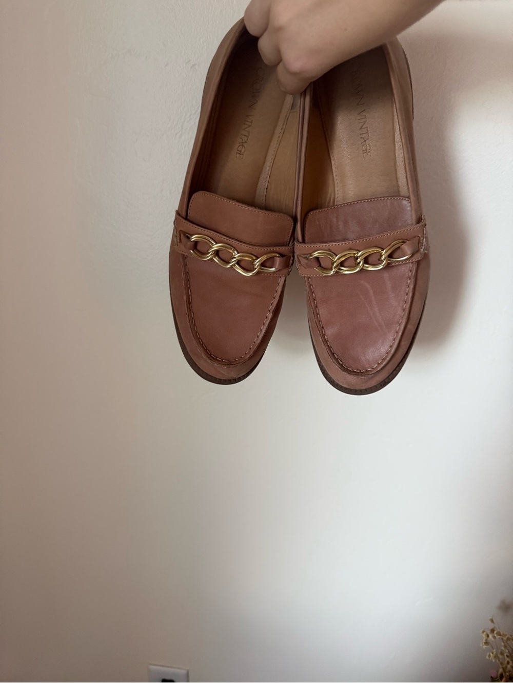 Crown Vintage Tan Leather Loafers with Gold Chain Trim